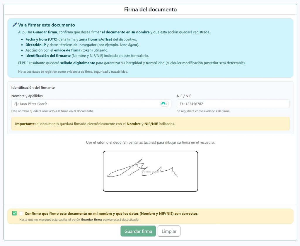 Confirmación del consentimiento antes de firmar el documento.