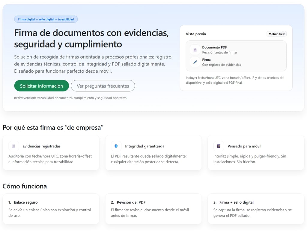 Pantalla de acceso a la firma de un documento mediante enlace.