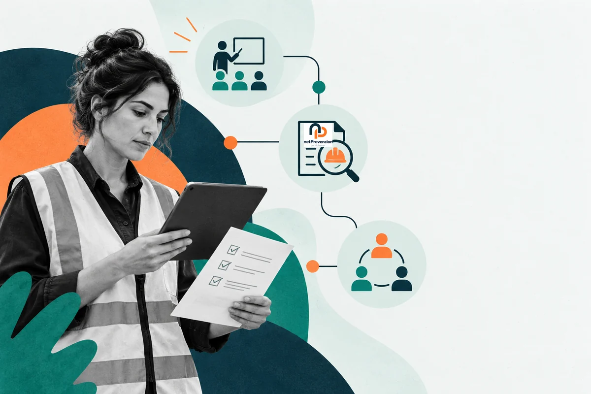 Una profesional de prevención organiza evaluaciones, formación y coordinación con apoyo digital.
