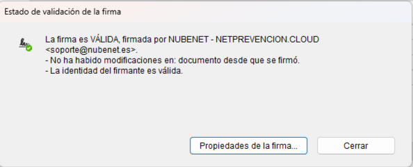 Estado de validación de un documento firmado con certificado cualificado