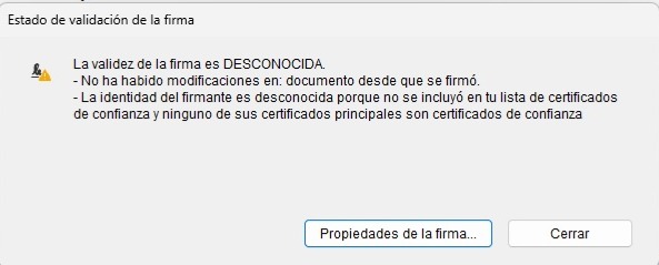 Estado de validación de un documento firmado con certificado autogestionado